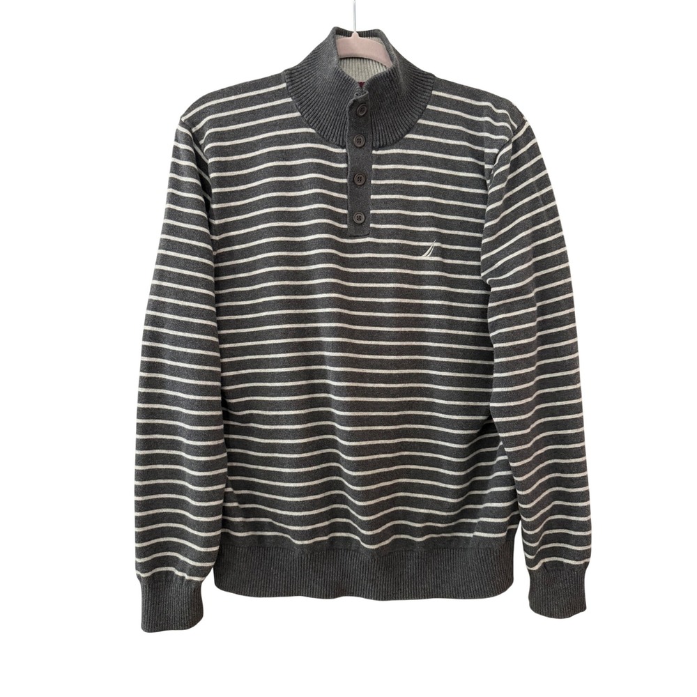 Nautica Men's L Gray Striped Mock Button Neck Sweater | SKU 1022